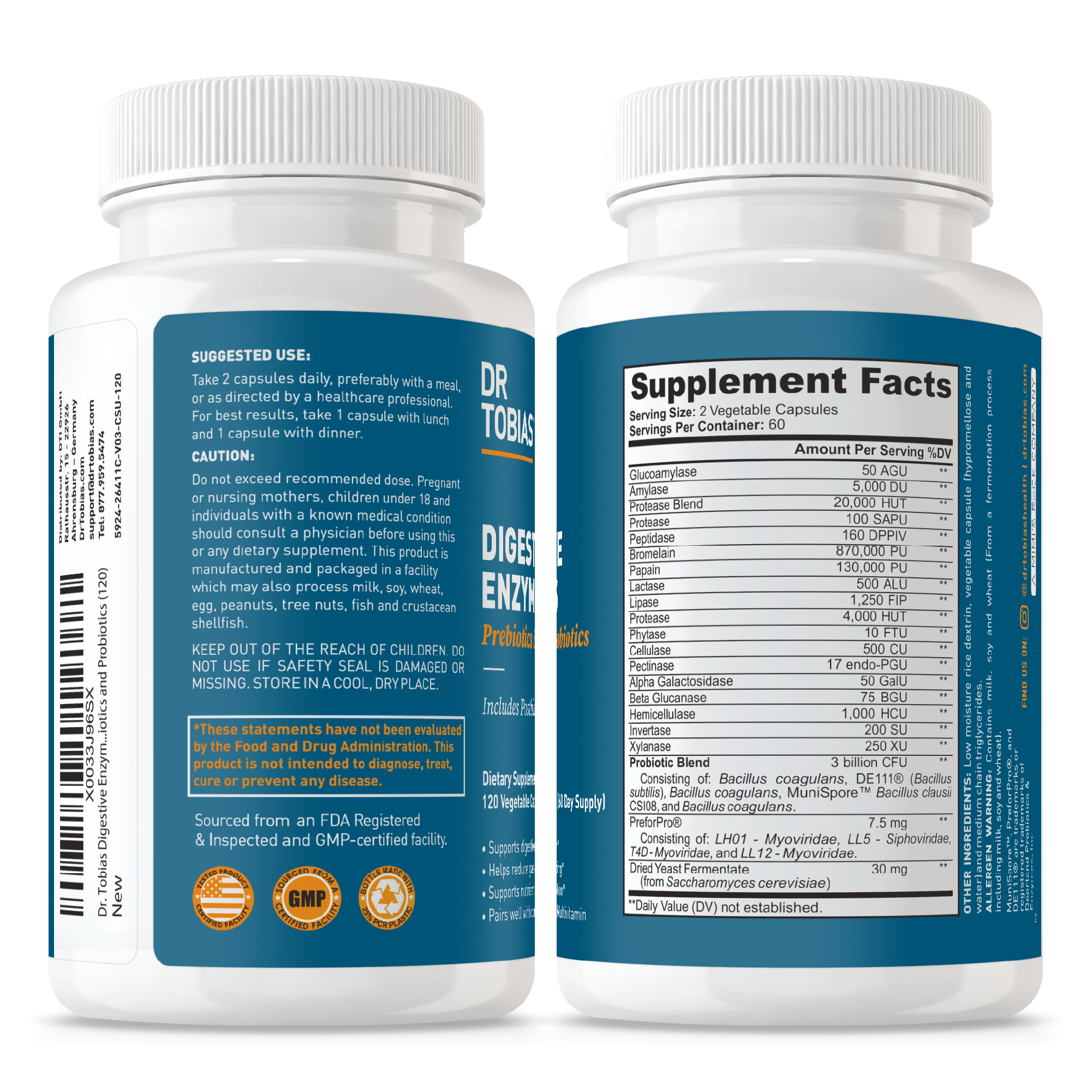 Dr. Tobias Digestive Enzymes with Probiotics, Prebiotics and Postbiotics Bromelain, Amylase, Lipase, For Better Digestion & Immune Function, 120 Capsules 60 Servings (2 Daily)