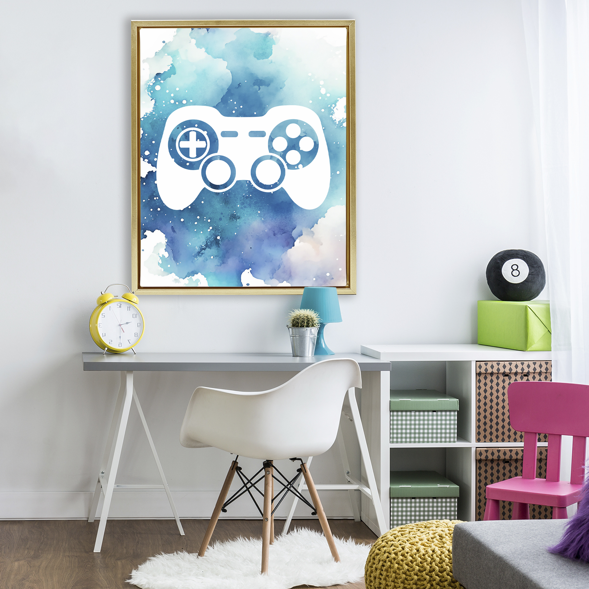 Blue Controller Splatter Gold Framed Floater Canvas Wall Art, design by Marcus Prime