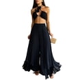 thumbnail image 2 of Women Ruffle Trim High Waisted Tassel Hem Flowy Pleated Boho Modest Wide Leg Pants Black L, 2 of 8
