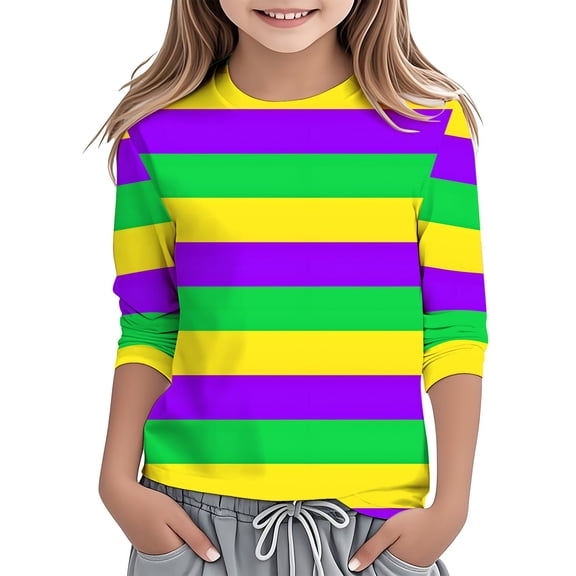 CONZONE Mardi Gras Toddler Girls Striped T Shirts 3/4 Sleeve Fashion Graphic Tee Shirt for Girls Crew Neck Soft Loose Childrens Spring Tops