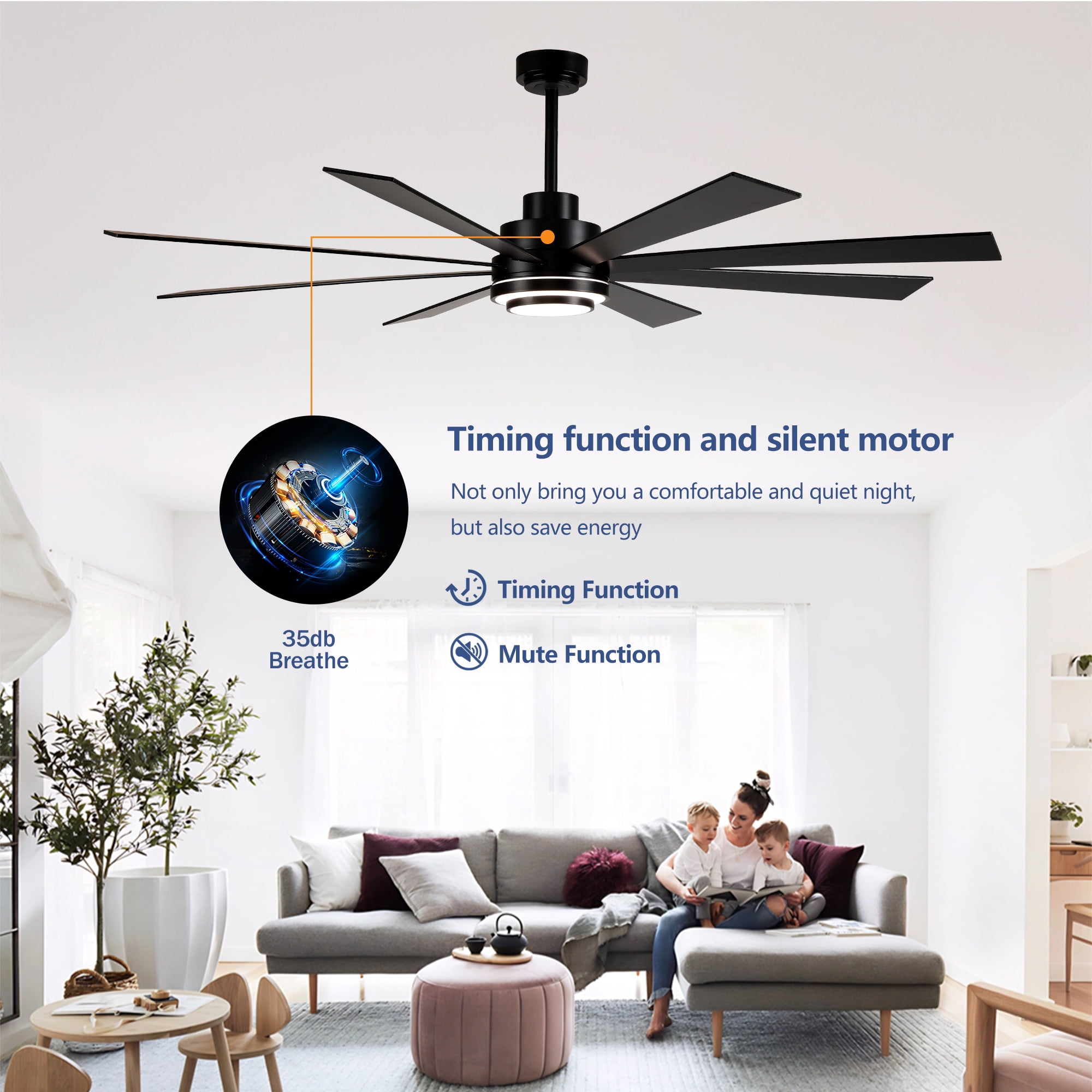 BOFANG 72 in Large Ceiling Fan with Dimmable LED Light and Remote, 8 Blades DC Motor(Matte Black)