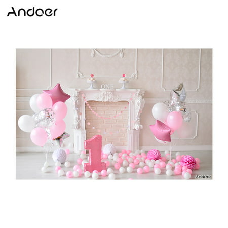 Andoer 2.1 * 1.5m/7 * 5ft First Birthday Backdrop Cake Balloon Fireplace Photography Background Children Baby Girl Kids Photo Studio