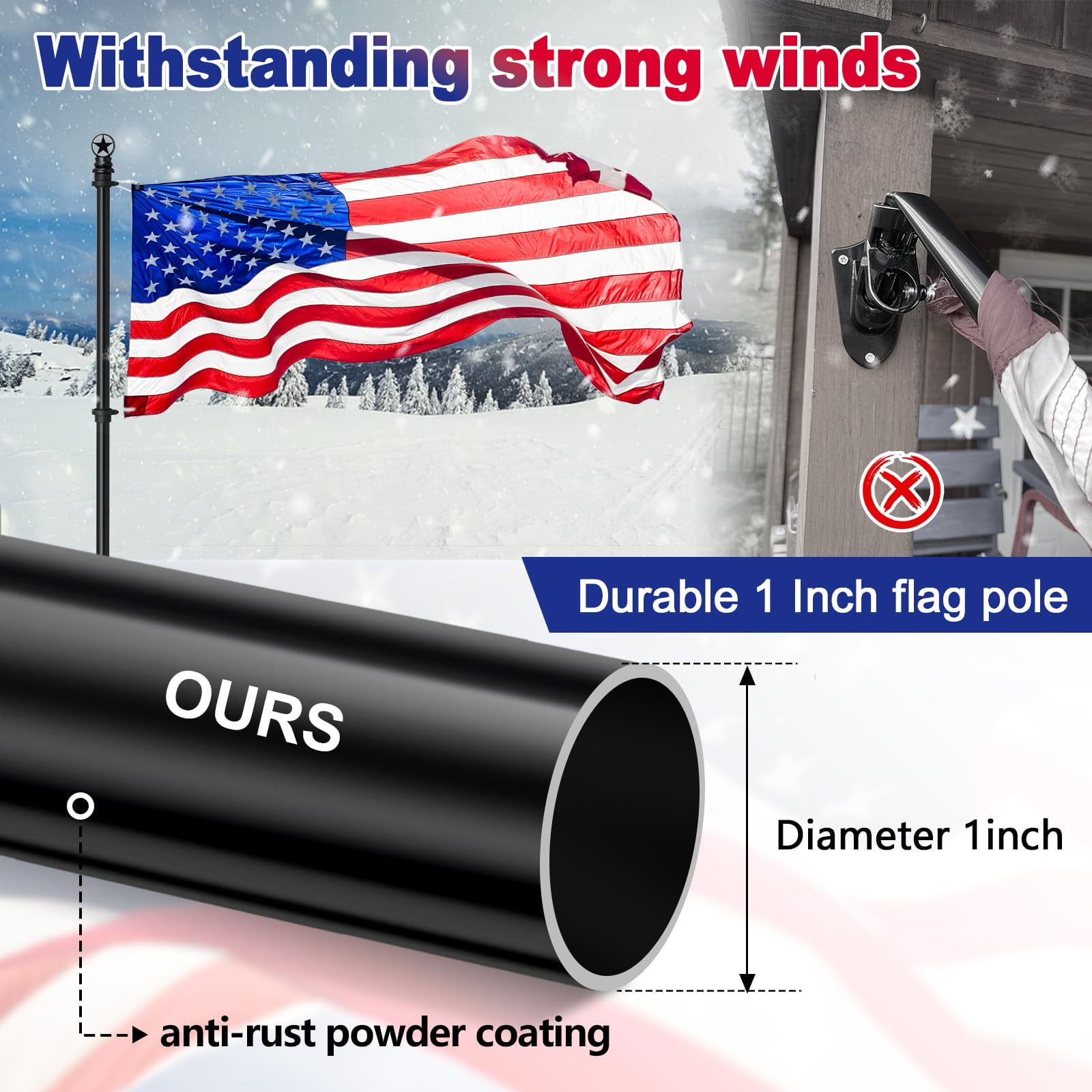 Soumns Flag Pole Kit with 3x5 Embroidered American Flag，Includes Bracket, 5FT Upgraded Tangle Free Design, for Commercial Outdoor House, Black