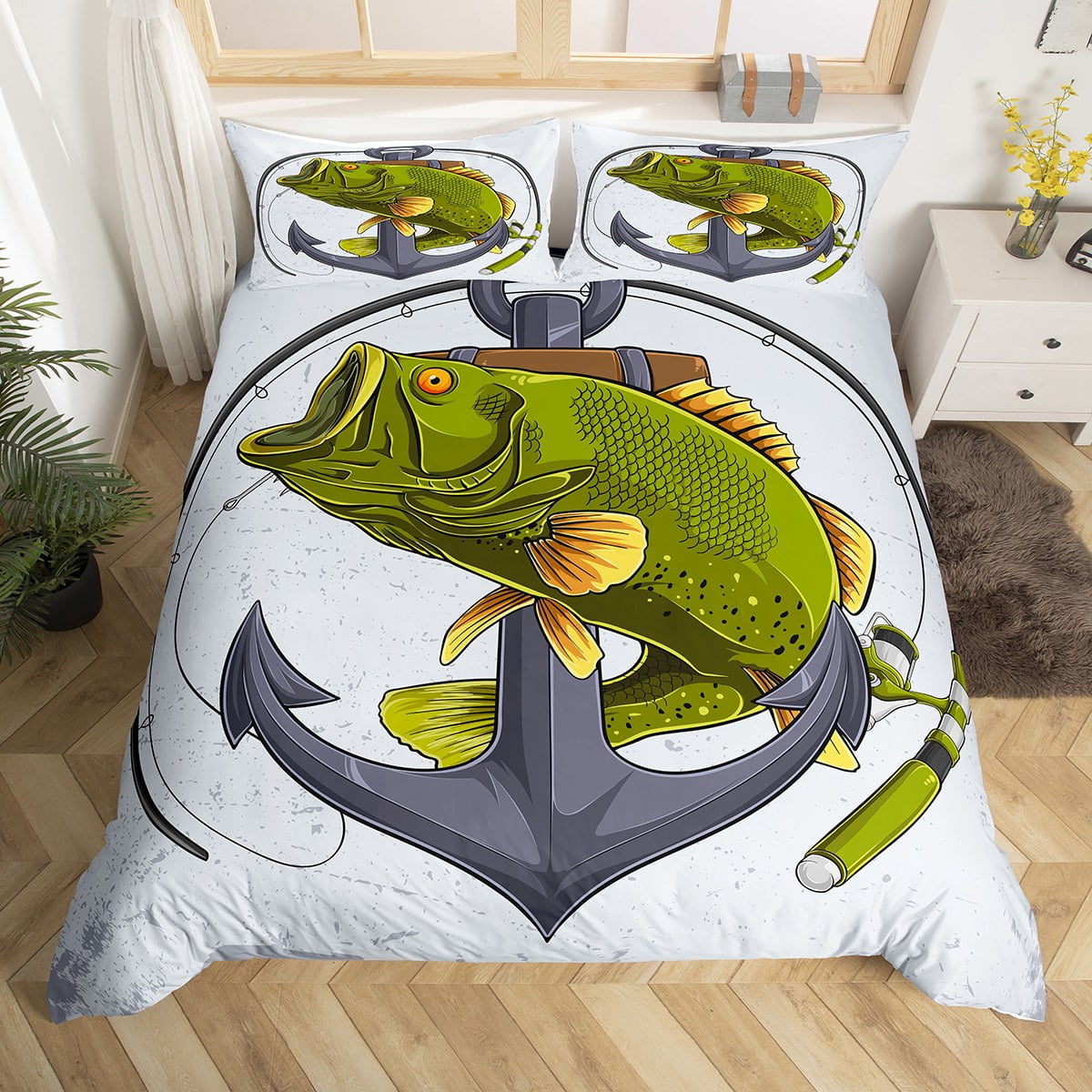 YST Green Bass Fish Bedding Sets Full Vintage Anchor Comforter Cover