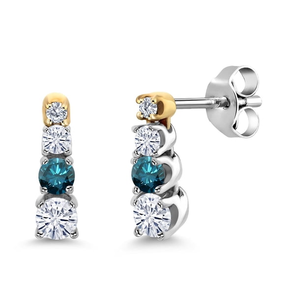 Gem Stone King 925 Silver and 10K Yellow Gold Blue Diamond Earrings Set with Moissanite (0.41 Cttw)