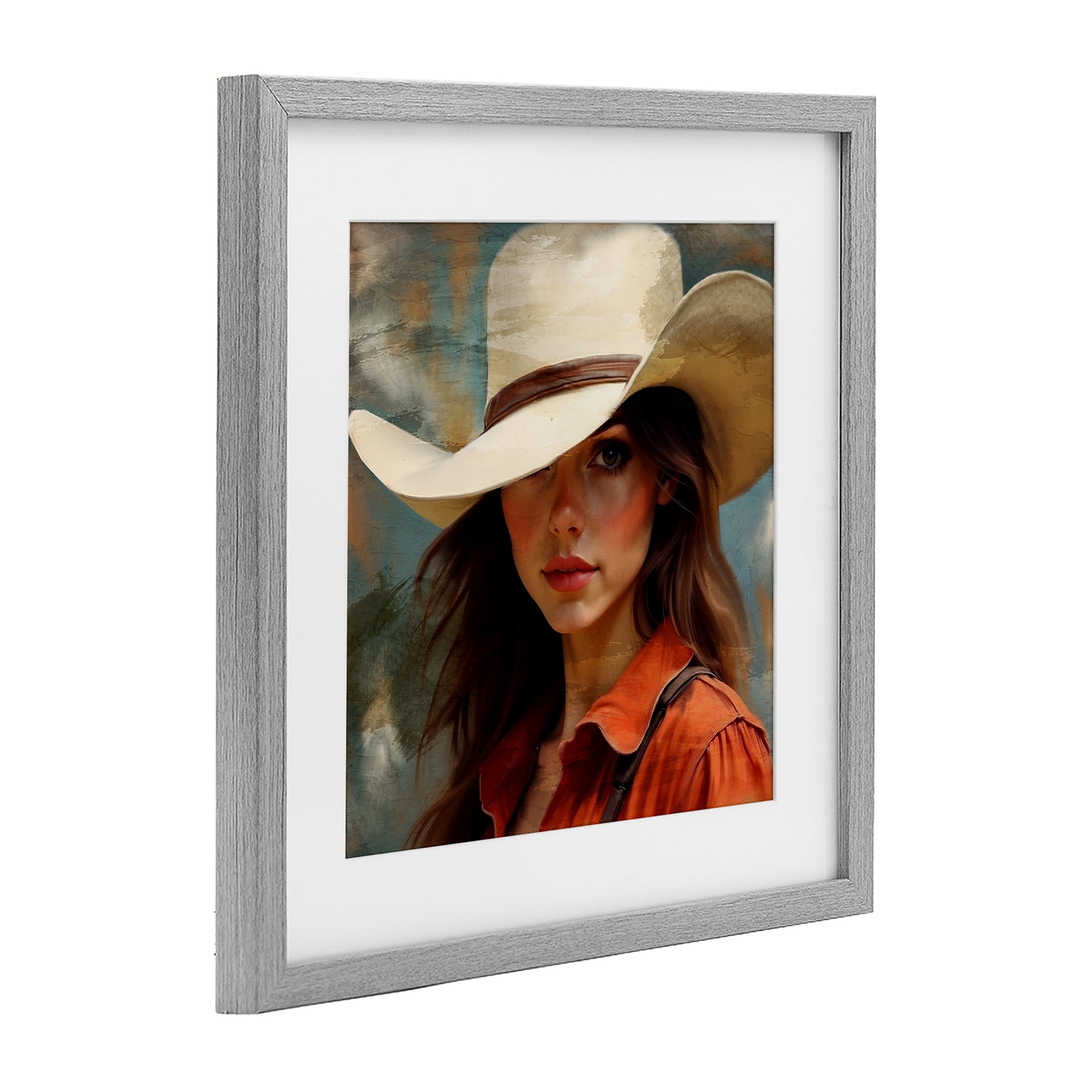 Cowgirl Gaze Beneath Hat Gray Framed Print Under Glass, design by Kim Allen