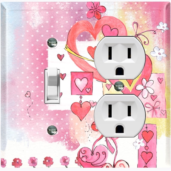Metal Light Switch Wall Plate Outlet Cover (Love Ornament Heart Balloons Pink - Single Toggle Single Duplex)