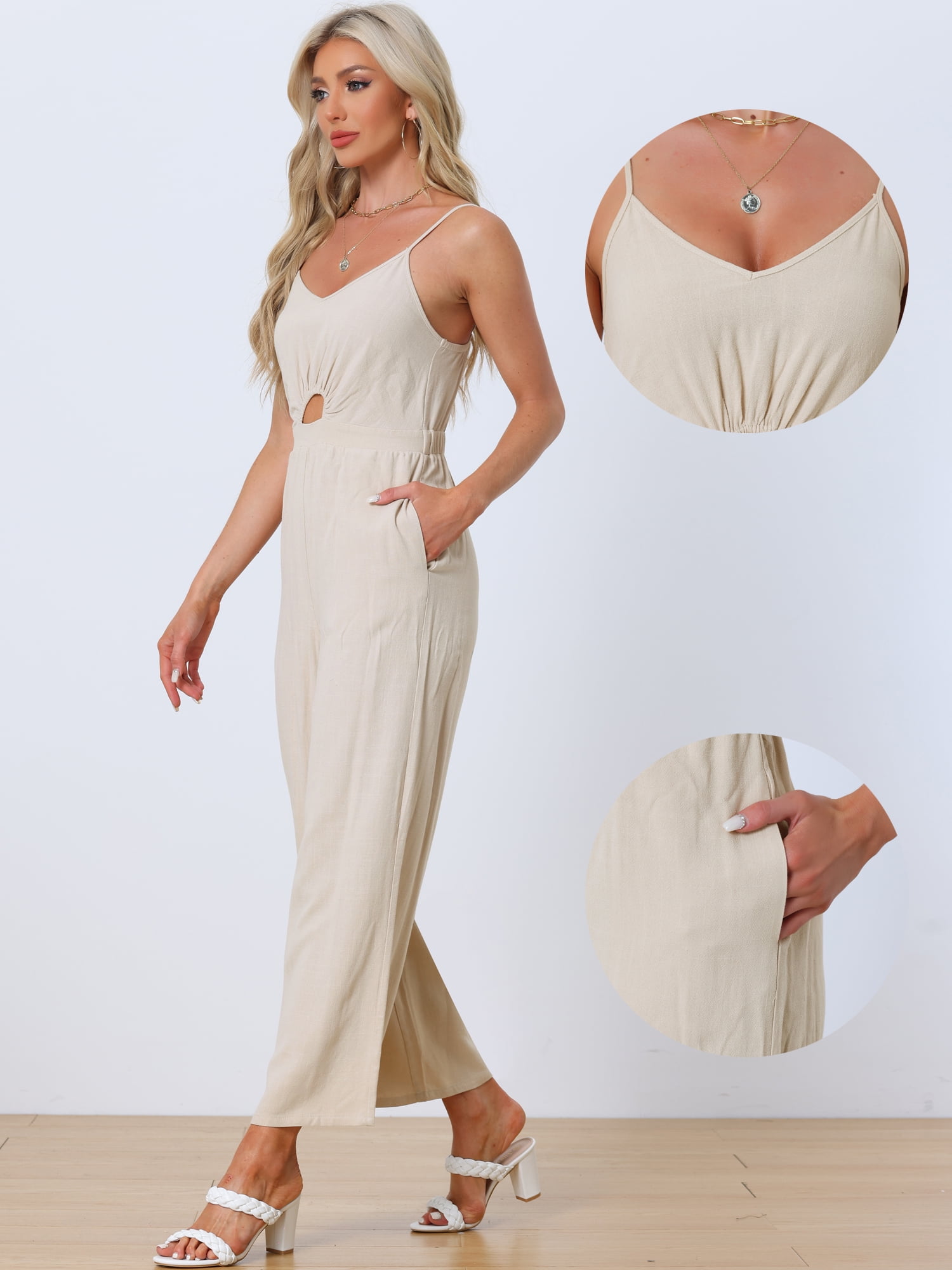 Unique Bargains Women's Jumpsuit Casual Spaghetti Strap Cut Out Wide Leg Romper S Beige