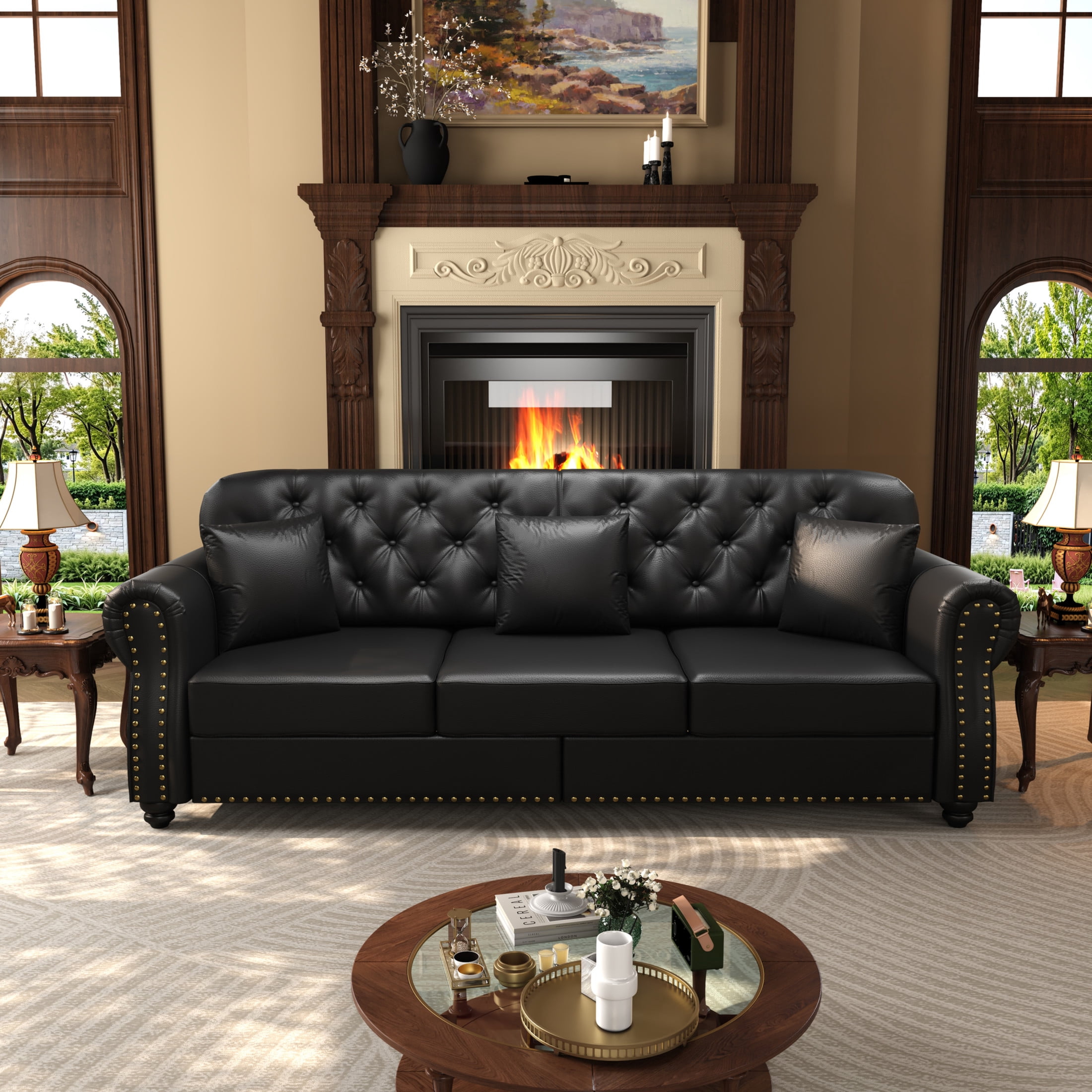 Noble House 82.6" Upholstered Faux Leather Chesterfield Sofa, Button Tufted Couch with Pillows and Nailheads, Black