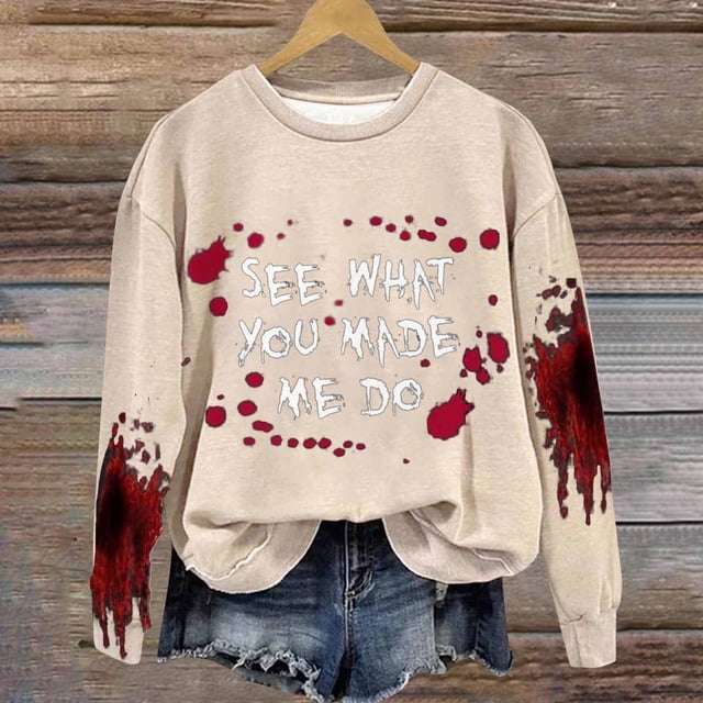 TIMIFIS Chandails d'Halloween Beiges pour Femmes en Molleton Décontracté Col Rond Manches Longues Chandail Tendance Rouge Imprimé Graphique