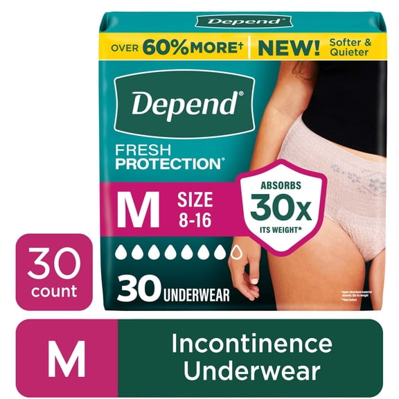 Depend Fresh Protection Incontinence Underwear for Women, Adult Diapers, M, 30 Count