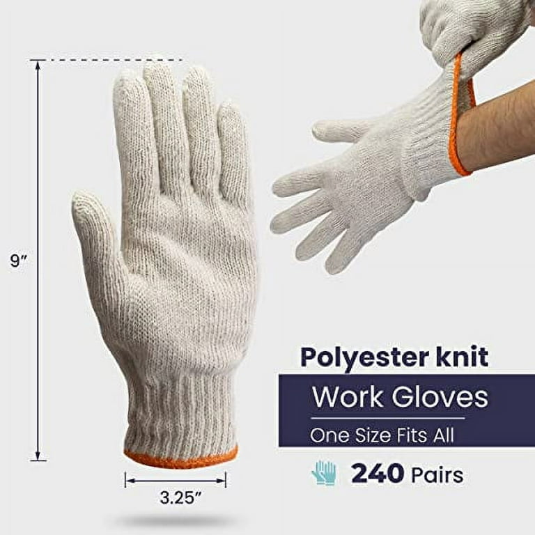 [240 Pairs, Large] Polyester Cotton Knit Safety Protection Grip Work Gloves for Painter Mechanic Industrial Warehouse Gardening, Men Women, Natural