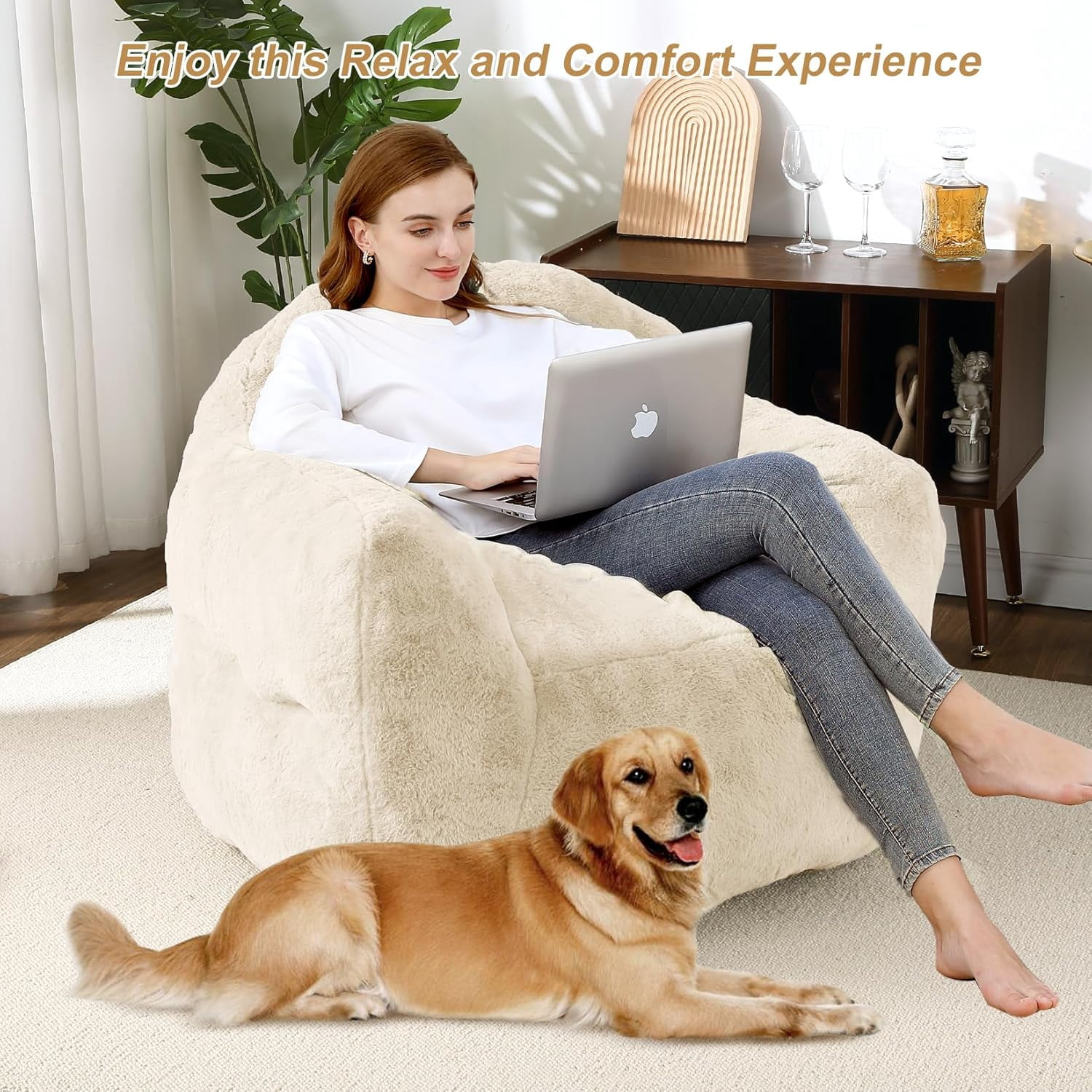Bean Bag Chair, 39" Bean Bag Chairs for Adults Kids, Soft Beanbag Chair with Filler Included, High-Density Foam Bean Bag Sofa Chair with Armrests for Reading, Beige