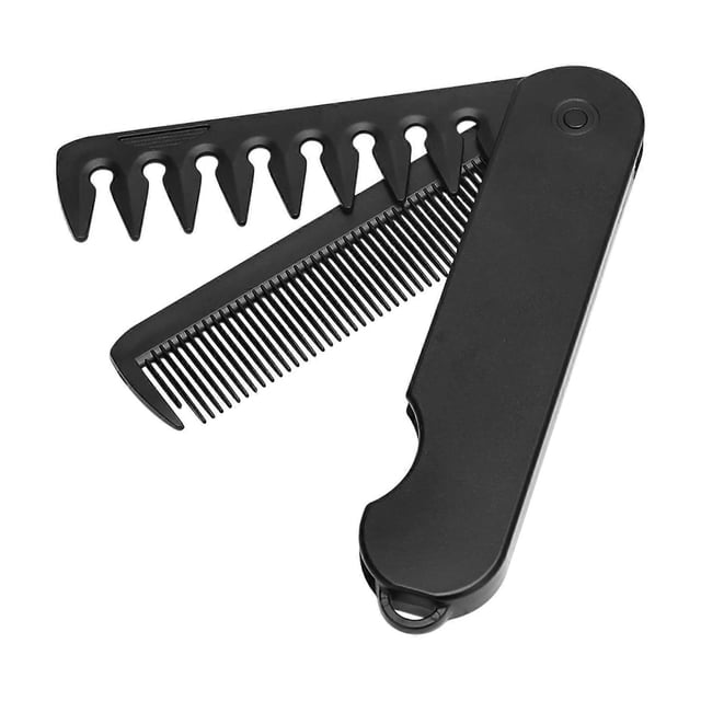 Cepillo de viaje para hombre, peine plegable 2 en 1 para cabello y barba, dientes anchos y finos, aseo compacto.