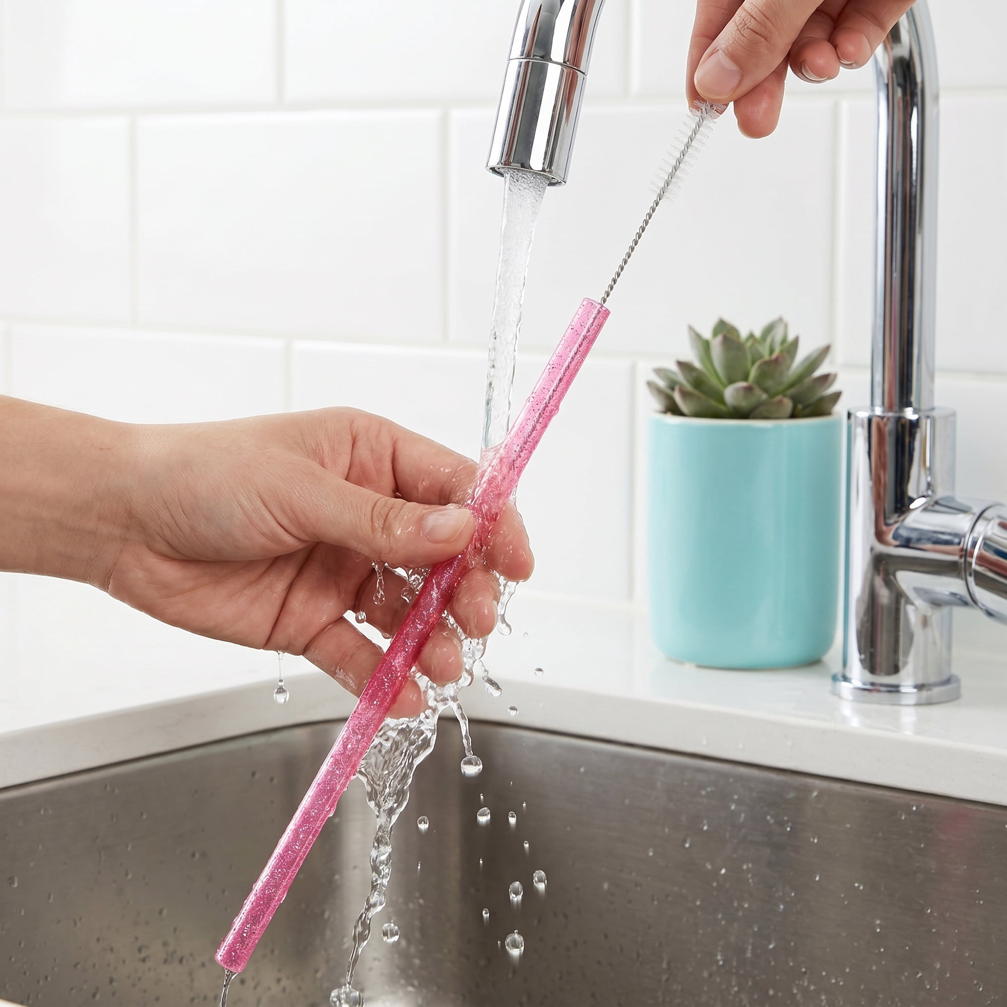 Unique Bargains Reusable Plastic Home Office Straws with Brush Color C