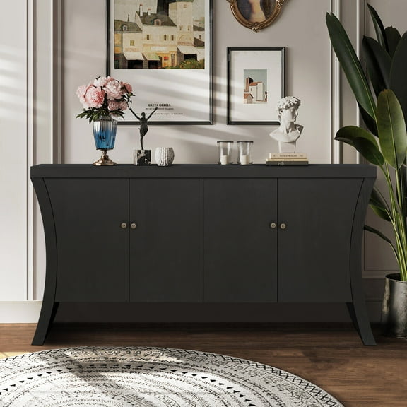 Refined Industrial 4-Door Credenza with Wooden Arc Legs & Bronze Clasps, Advanced Storage Design, Solid Craftsmanship (Black)