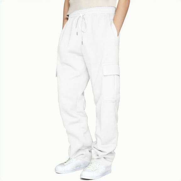 Solid Color Cotton Sweatpants Women Casual Baggy Lounge Pants with Pockets White S