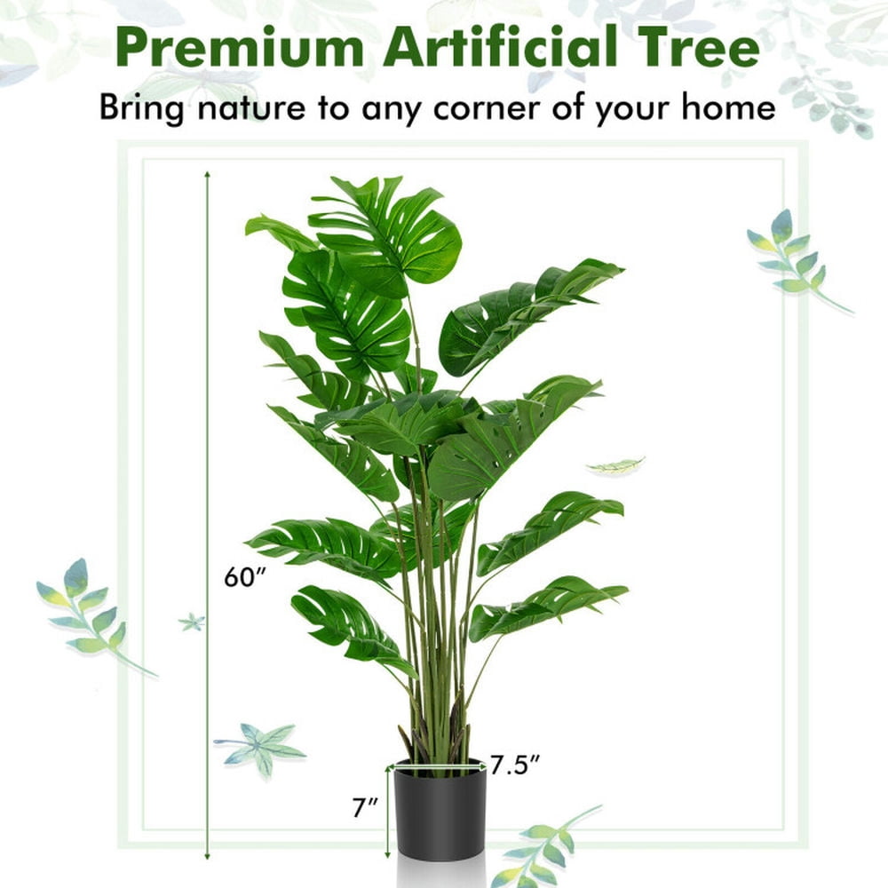 Spaco 2-Piece Artificial Monstera Tree Set, 5 Feet Artificial Tree with 15-Piece Large and Wide Leaves, Fake Plant for Indoor and Outdoor, Green