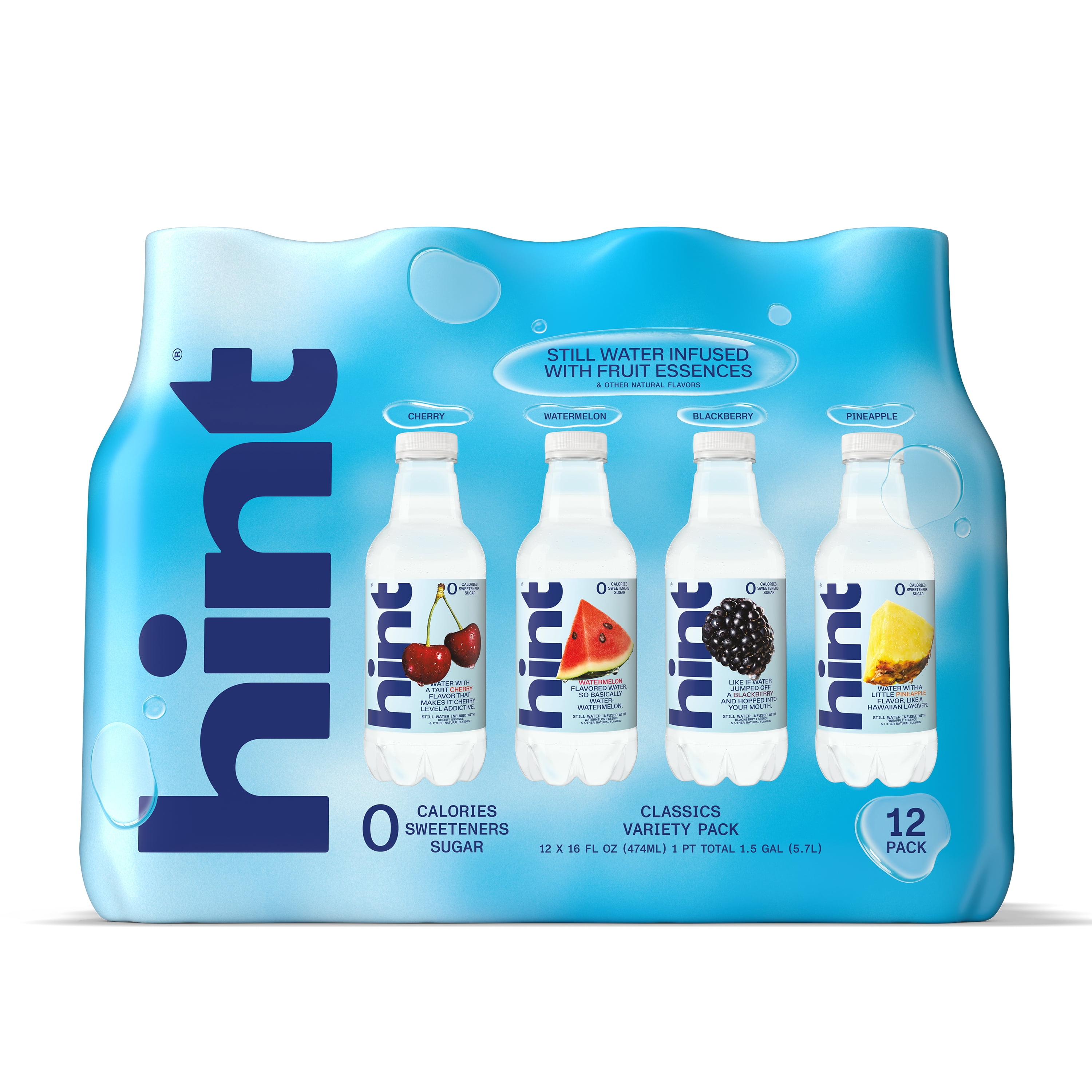 Hint Blue 4-Flavor Variety Pack Flavored Water, 16 fl oz, 12 Pack Plastic Bottles