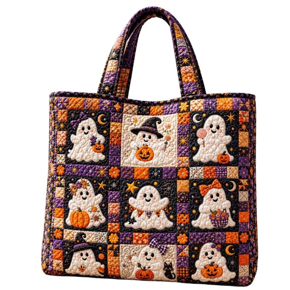 Halloween Print Quilted Tote Bag, Cute Ghost | Vintage Fall Holiday Shopping Travel Purse with Sturdy Fabric & Comfortable Strap