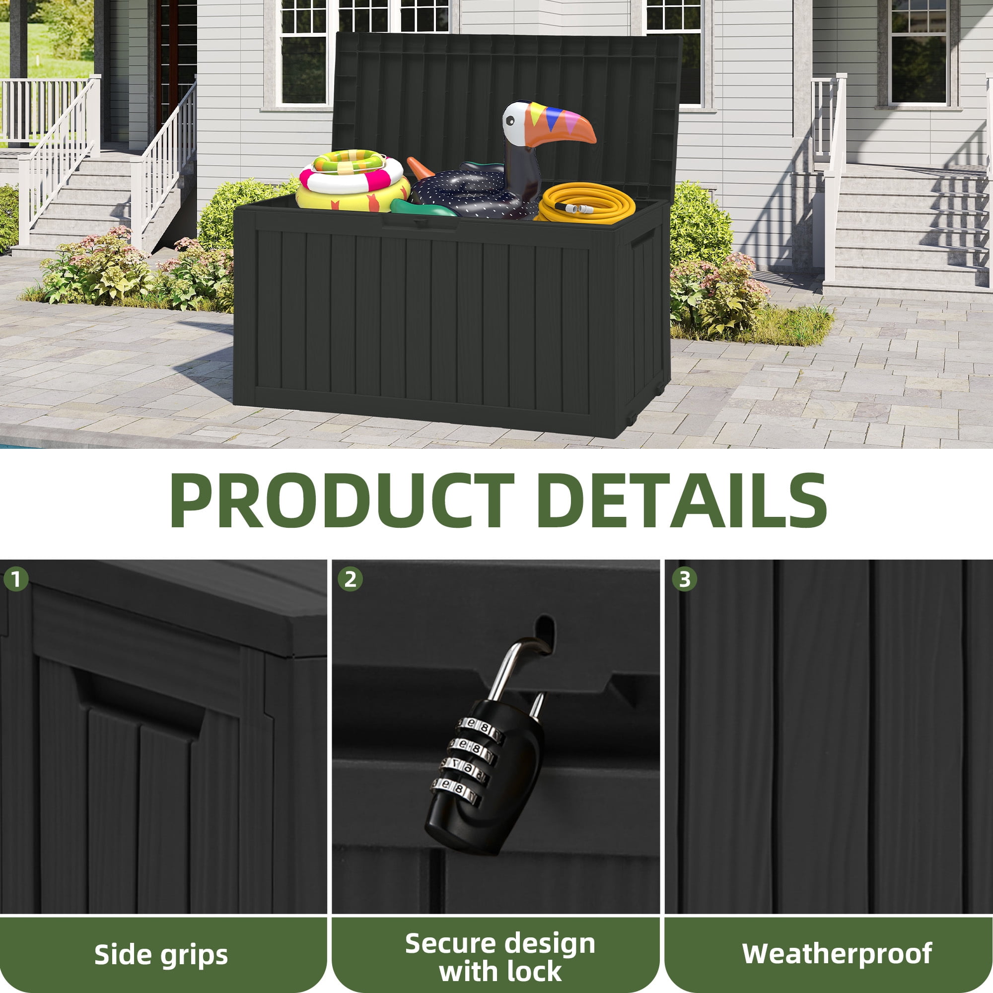 Uforic 72 Gallon Outdoor Resin Storage Box with Wheels, Patio Deck Box for Indoor & Outdoor Use, Ideal for Throw Pillows, Sports Gear & Yard Supplies, Black