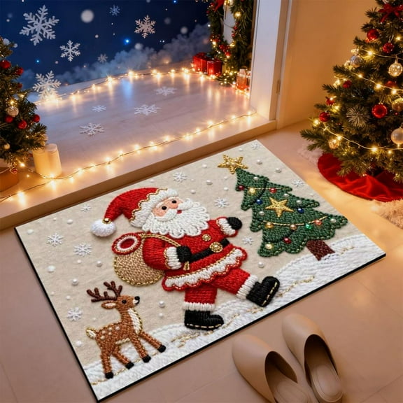 Feltree Christmas Bath Mat Non-Slip Absorbent Floor Rug for Bathroom and Entryway, 15.7x23.6 Inches, Knitted Crystal Velvet Festive Decor