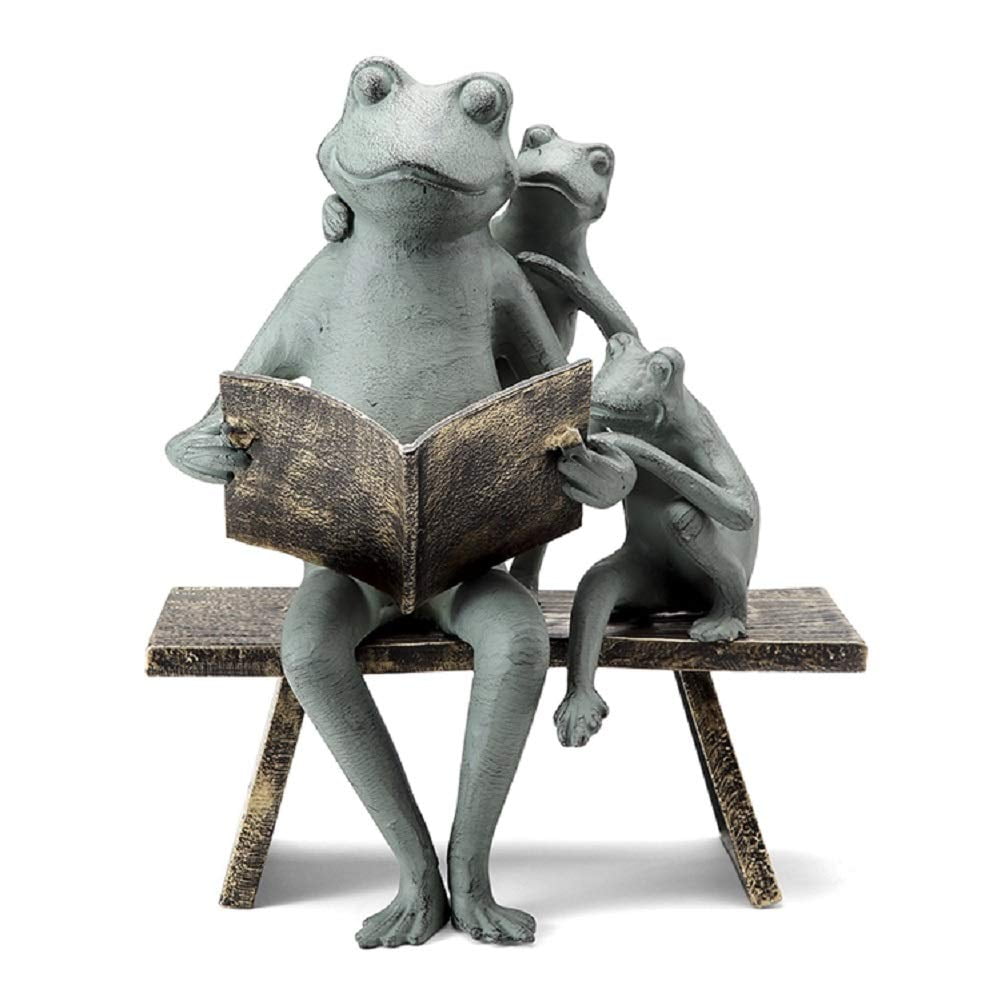 Reading Frog Verdigris Green Metal Family Garden Sculpture