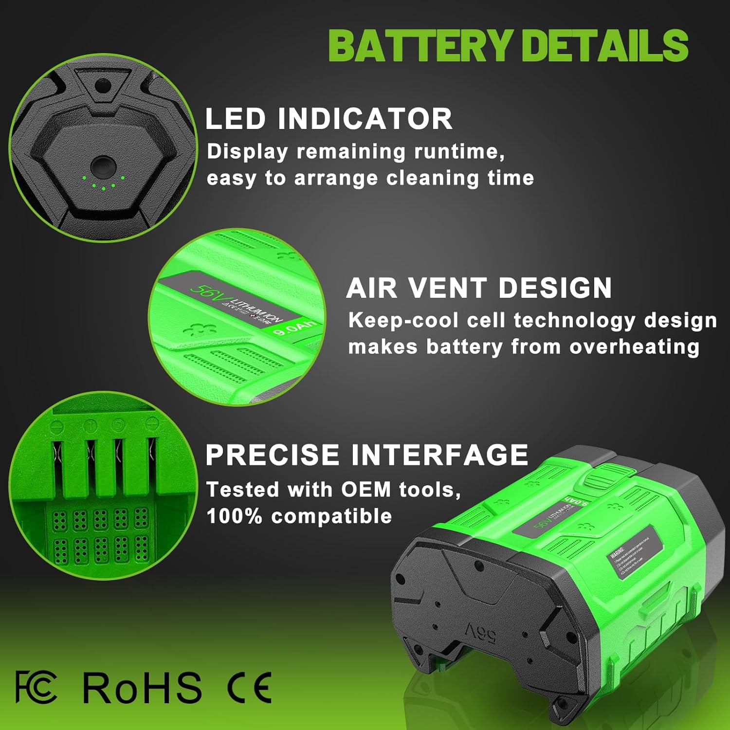 Replacement for EGO 56V Battery 9.0Ah Rechargeable Lithium Ion Battery