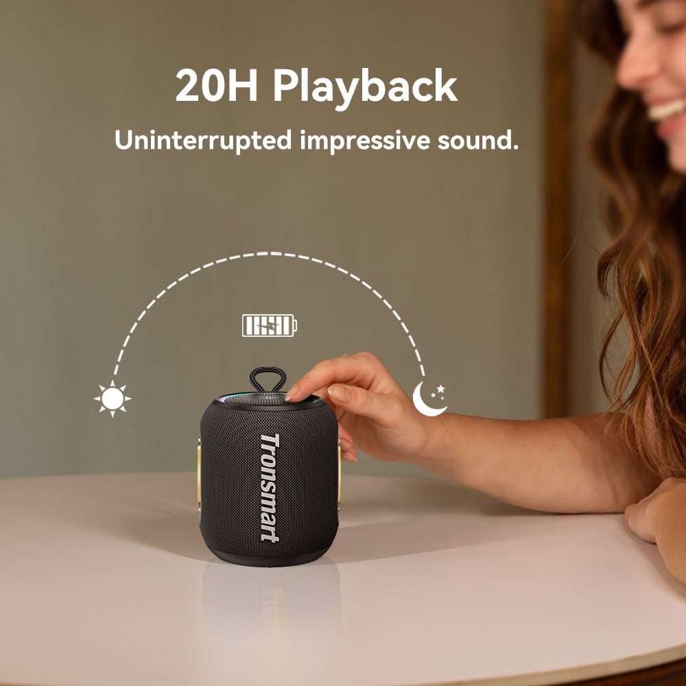 Tronsmart T8 Mini Ultra-Portable Bluetooth Speaker, 16W Big Bass, 360° Sound, IPX7 Waterproof, 20H Playtime, Custom EQ & Light - Black