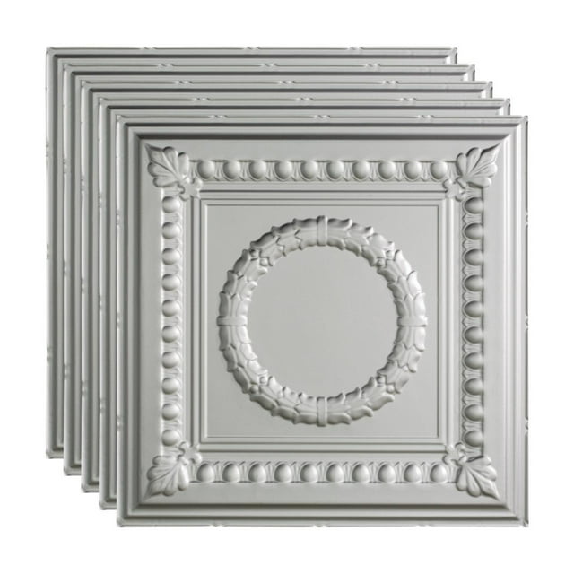 FASÄDE Rosette Decorative Vinyl 2ft x 2ft Lay in Ceiling Panel in Argent Silver (5 Pack)