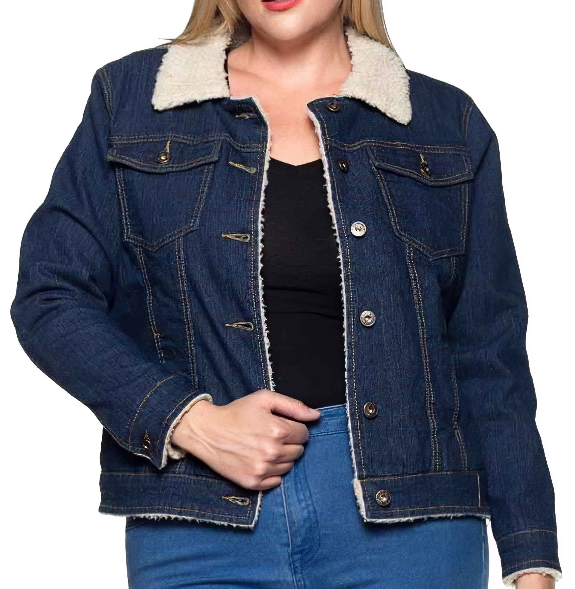 Women's Plus Size Fashionable Button Front Sherpa Lined Denim Jacket
