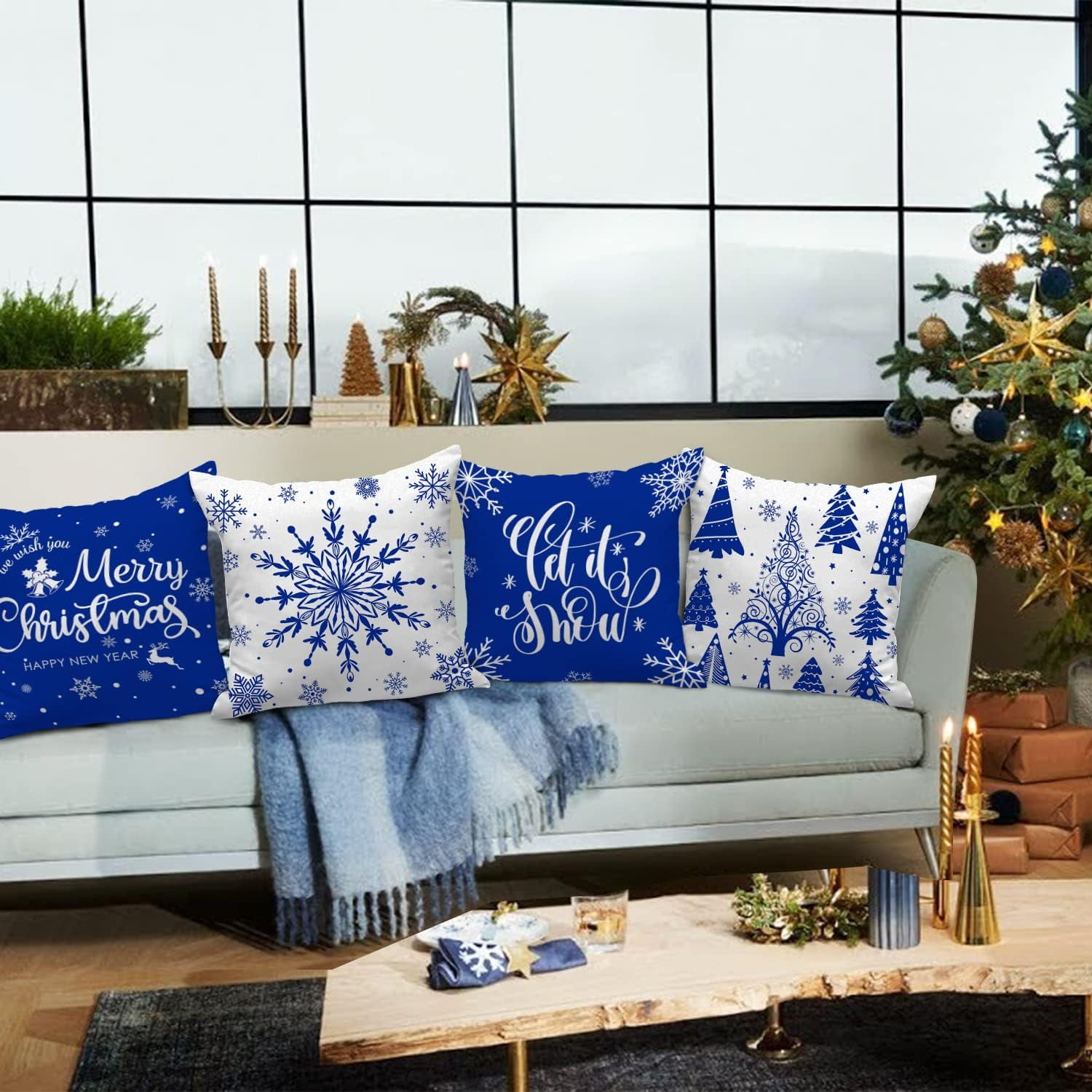 Christmas Throw Pillow Covers 18x18 Set of 4, Merry Christmas Winter Xmas Snowflake Decorative Holiday Cushion Pillow Cases 18 x 18 for Outdoor Indoor Farmhouse Home Room Couch Decor (Blue)