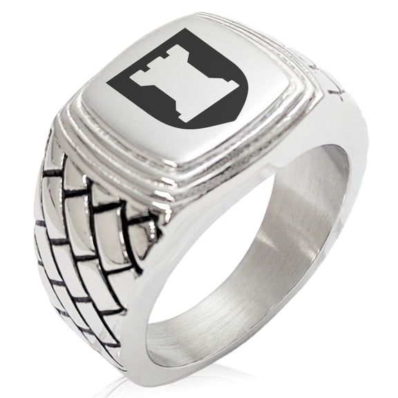 Stainless Steel Rook Strategy Coat of Arms Shield Geometric Pattern Step-Down Biker Style Polished Ring