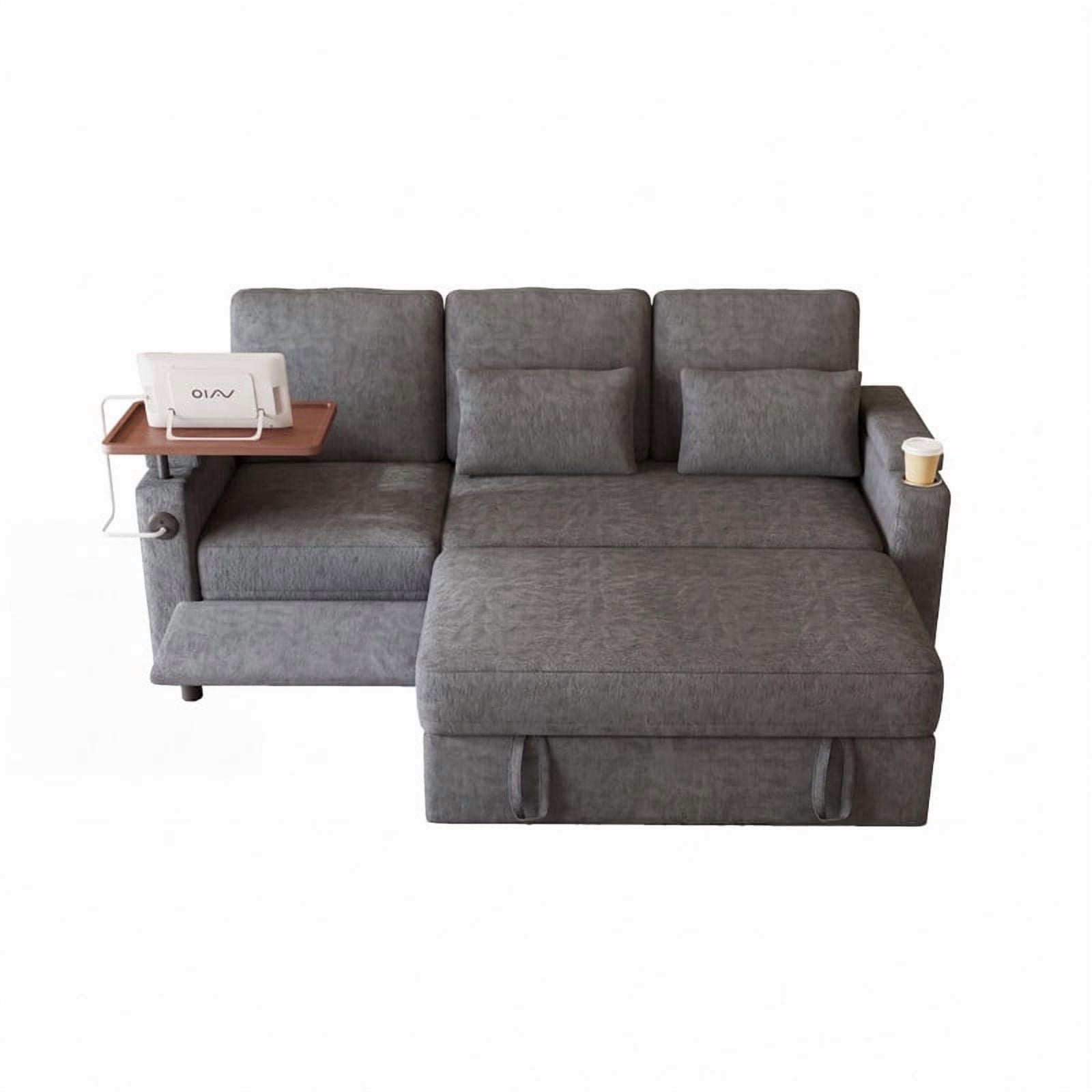 3-in-1 Convertible Sofa Bed, 3-Seater Chenille Couch with Adjustable Backrest, USB Charging Ports, Table Board and Storage Armrests, 81'' Foldable Sleeper Sofa for Living Room