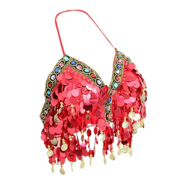 Top de sujetador de danza del vientre con lentejuelas y cuentas, traje de samba indio, bikini con monedas metálicas C rojo