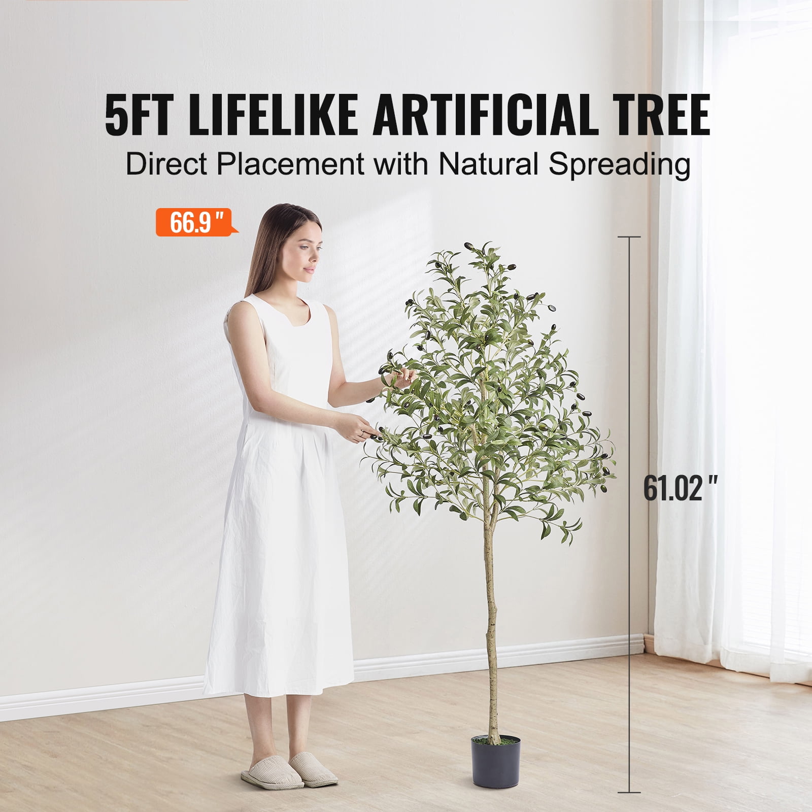 KFFKFF 5FT Artificial Olive Tree, Pre-assembled Faux Olive Tree in Black Plastic Pot, Indoor Fake Potted Tree with Natural Wood Trunk and Lifelike Fruits, Artificial Plants for Home Office Decor