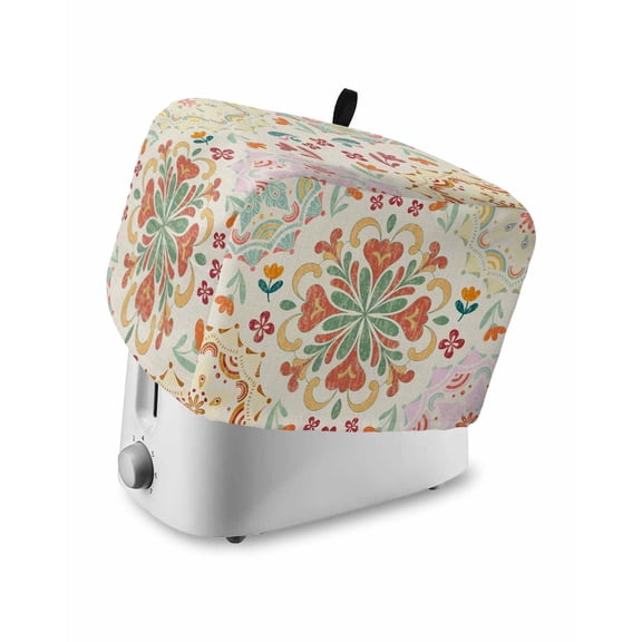 Beige Boho Small Toaster Cover 2 Slice, Kitchen Appliance Covers, Retro Ethnic Shabby Colorful Floral Patterned Toaster Oven Cover with Loop, Bread Machine Cover Polyester Dust Cover Protection