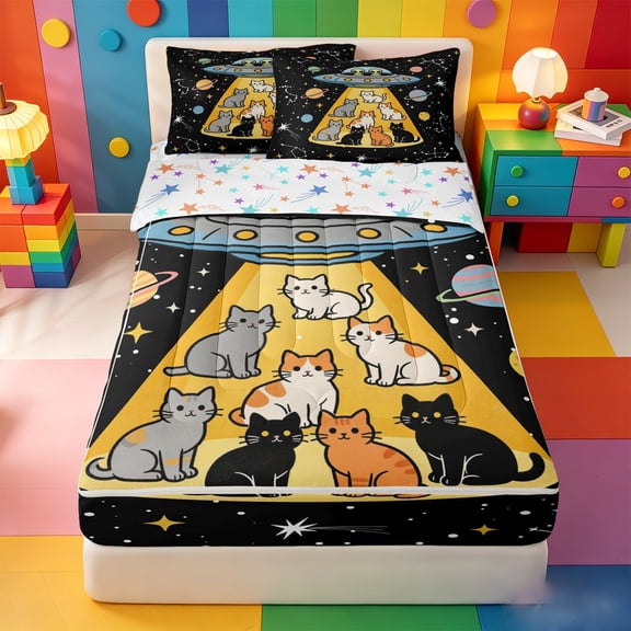 meiyoeat Cartoon Cat Galaxy Zipper Twin Comforter Sets with Fitted Sheet and 2 Pillowcases For Boys,Space Theme Kitten Print Zipper Bedding Set,Reversible,4-Piece