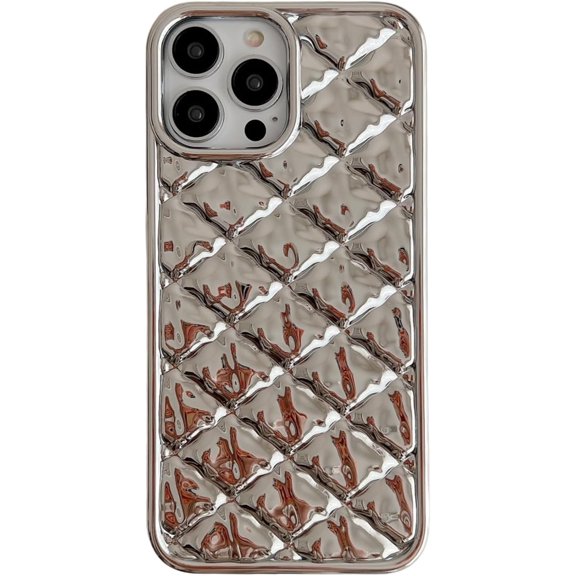 Silver 3D Rhombic Pleated Pattern Phone Case Compatible with iPhone 15/14/13,Luxury Plating Glitter Trendy Girls Women Protective Soft Glossy Cover for iPhone 13/14/15 6.1"