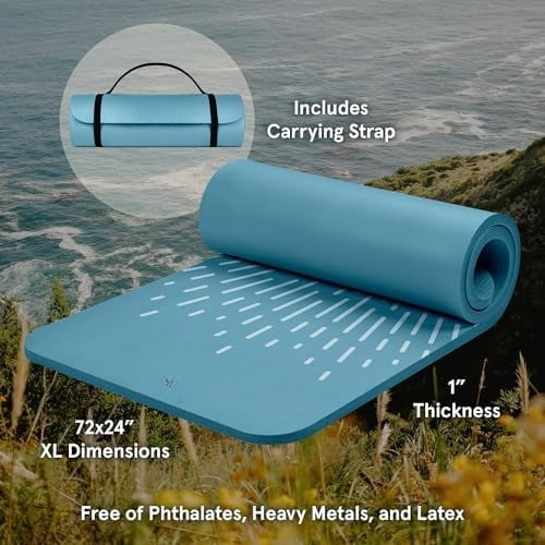 Solana Yoga Mat 1" Thick w/Nylon Strap for Men & Women - Non Slip Exercise Mat for Home Yoga, Pilates, Stretching, Floor & Fitness Workouts Blue Mist,1 inch