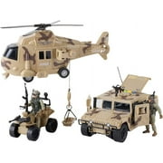 Military Action Figures and Vehicles Set - Army Helicopter Toy, Military Truck, Army Quadrobike, 2 Military Action Figures - Lights and Sounds Vehicles - Friction Powered Army Trucks