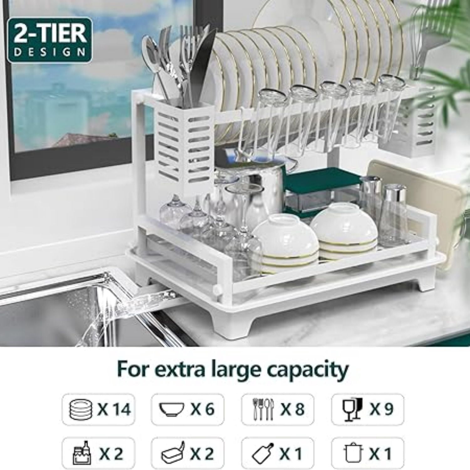 Dish Drying Rack, 2 Tier Dish Racks for Kitchen Counter, Large Dish Drying Rack with Drainboard & Utensil Holders, Rust-Proof Dish Drainers,Kitchen Organization