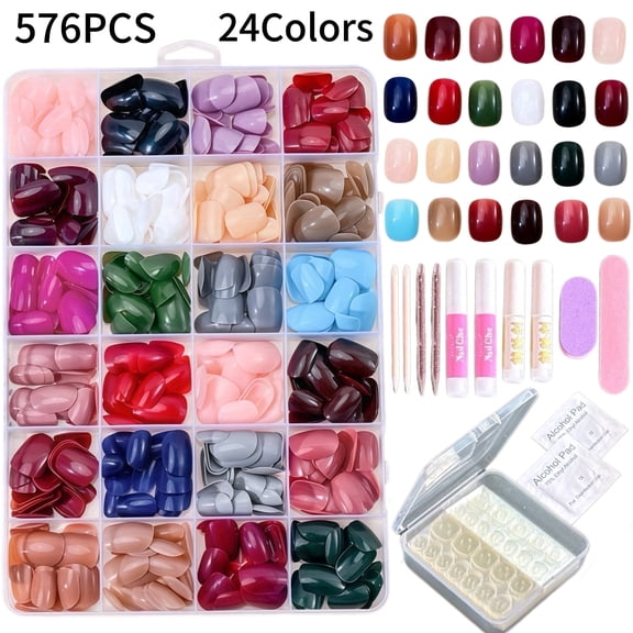 Reusable Press on Nails Kit, 24 Colors 576PCS False Nails Short Square, Glossy Short Fake Nails with Glue DIY Gift