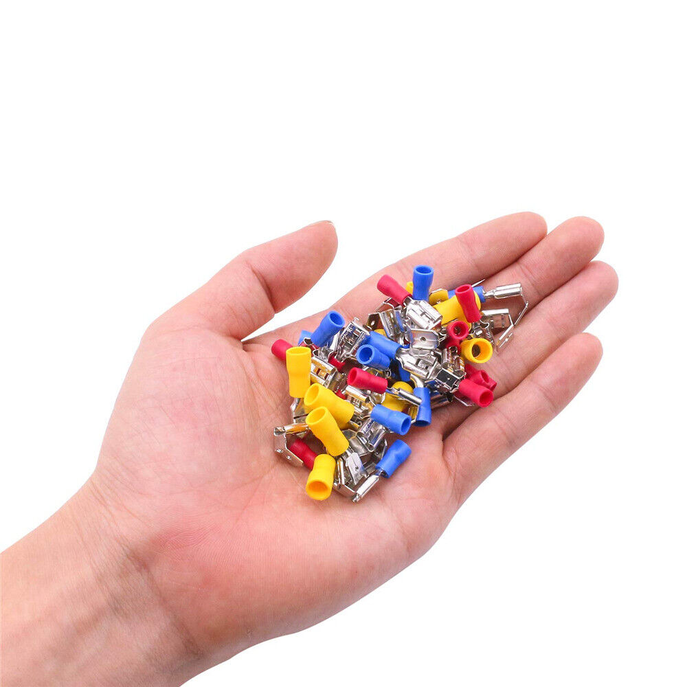 100Pcs 6.3mm Fully Insulated Crimp Spade Terminals Piggyback Wire Connectors Set