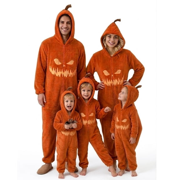 Family Matching Halloween Pajamas,Halloween Pumpkin Onesie Family Matching Set, Fuzzy Jack O' Lantern Plush Pajama Sleepwear with Hooded Pumpkin Stem, Fall Halloween Family Matching Loungewear-A,L