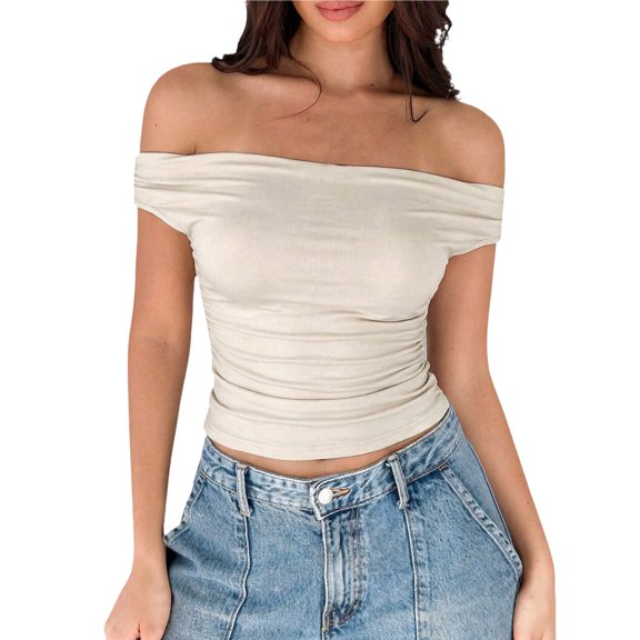 Gsakboxl Tops for Women Trendy Womens Off Shoulder Short Sleeve T-Shirt Slim Tee Soft Skin-Friendly Casual Hot Base Top for Streetwear L
