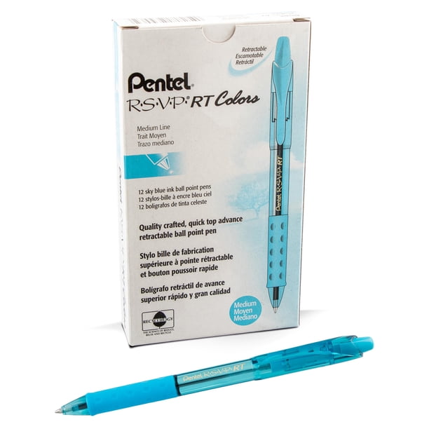 Bolígrafo Retráctil Pentel RSVP RT Colores 1.0 mm Tinta Azul Celeste Paquete de 12