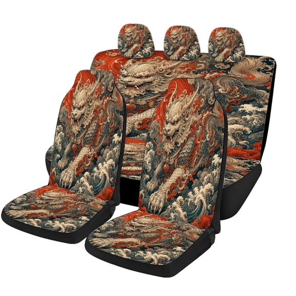 Odenmar Mythical Pixiu Beast Car Seat Covers Full Set, Mesh Fabric Universal Seat Protectors for Front Rear Seats Cars Suvs Trucks Vans