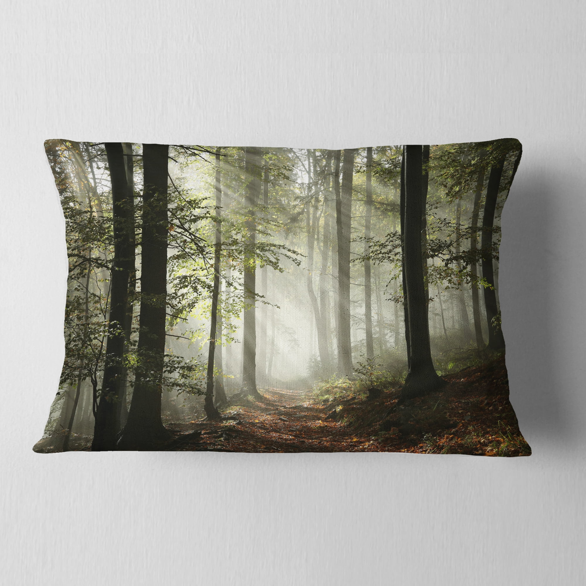 Designart Light in Dense Fall Forest with Fog - Landscape Printed Throw Pillow - 12x20
