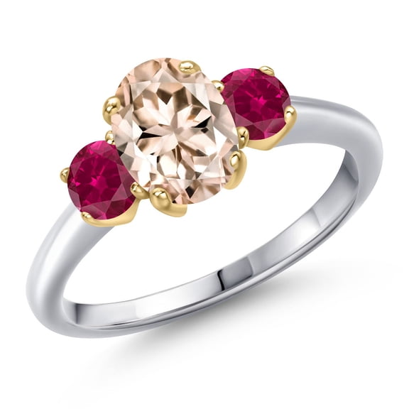 Gem Stone King 10K Two Tone Gold Peach Morganite and Red Created Ruby Engagement Ring for Women | 1.50 Cttw | Oval 8X6MM | Gemstone October Birthstone | Size 7